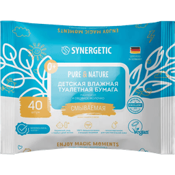 Влажная туалетная бумага SYNERGETIC Pure&Nature, Детская (40 салф.упак), Пантенол и овсяное молочко